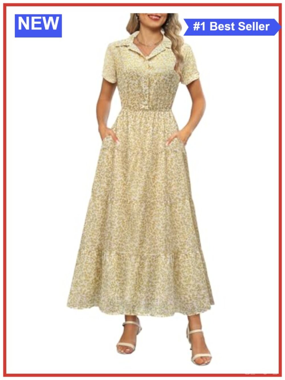 Kranda Chiffon V-Neck Short Sleeve Button Down Floral Tiered Maxi Dress with